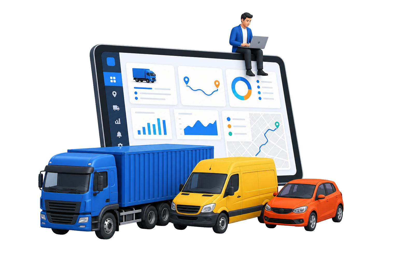 Fleet vehicles and transport management dashboard illustration